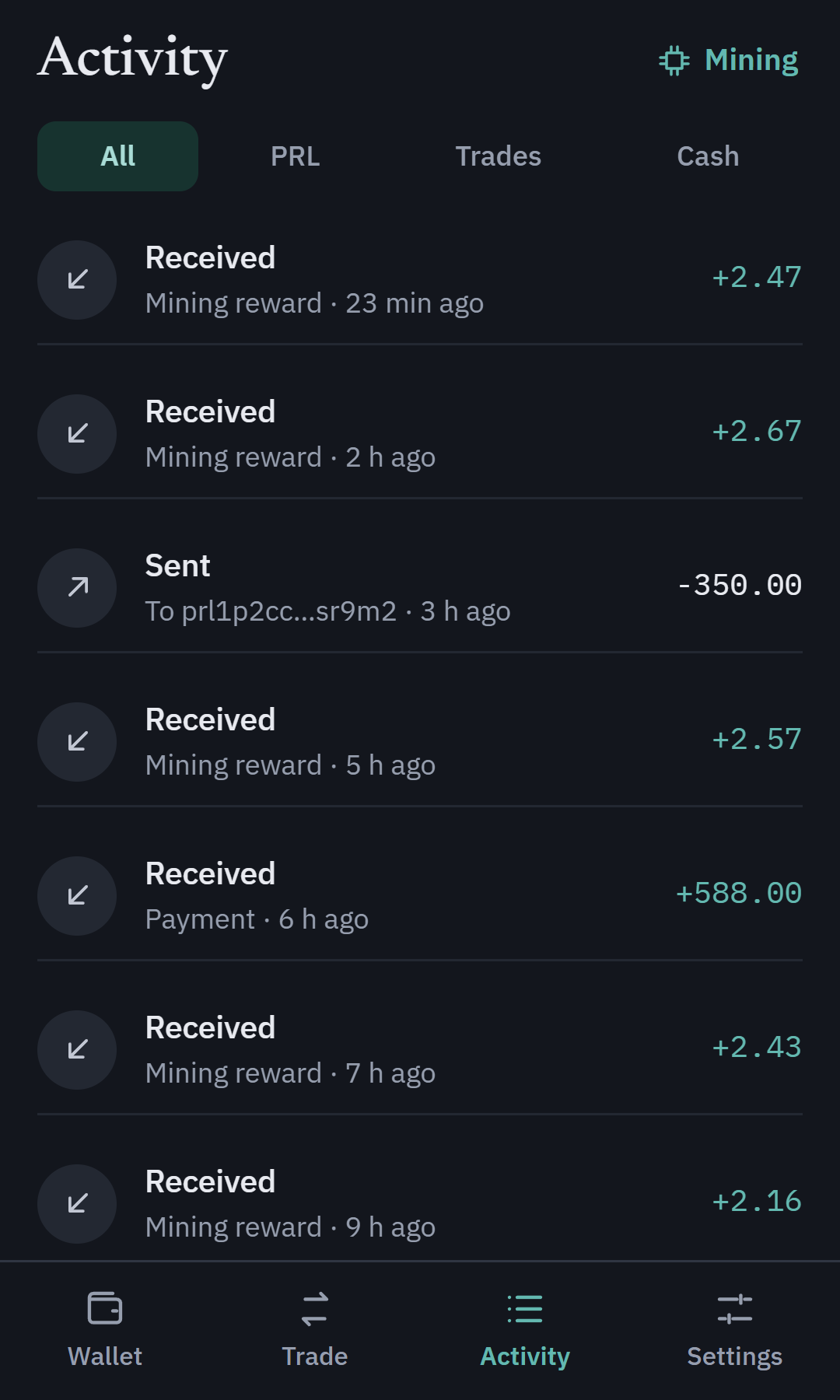 Oyster activity feed with mining rewards and payments